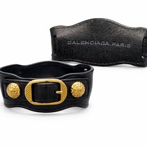 Balenciaga Black Leather Cuff Bracelet with Gold Buckle and Studs